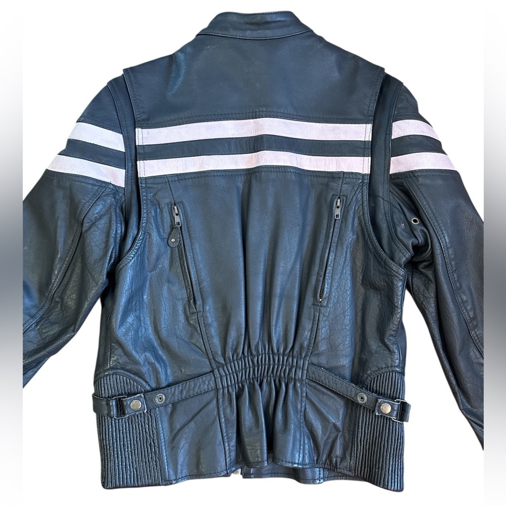 Women’s VINTAGE LEATHER Moto RACING Strip BLACK PINK Jacket L - Picture 2 of 8